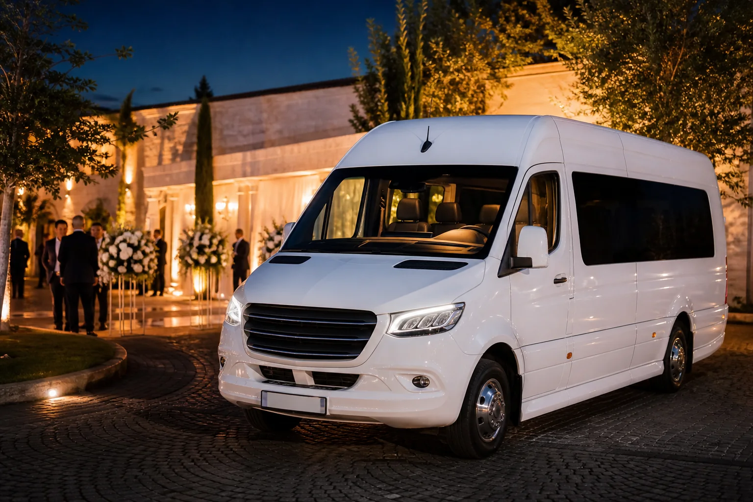 Düğün mekânı önünde misafir taşımaya hazır beyaz VIP minibüs