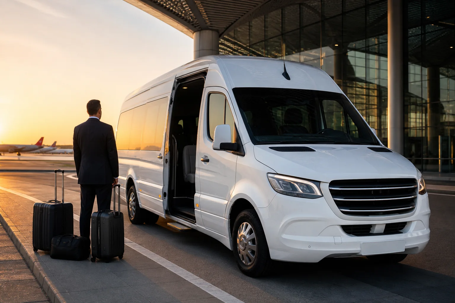 Havalimanında yolcu ve bagaj karşılayan beyaz VIP transfer minibüsü